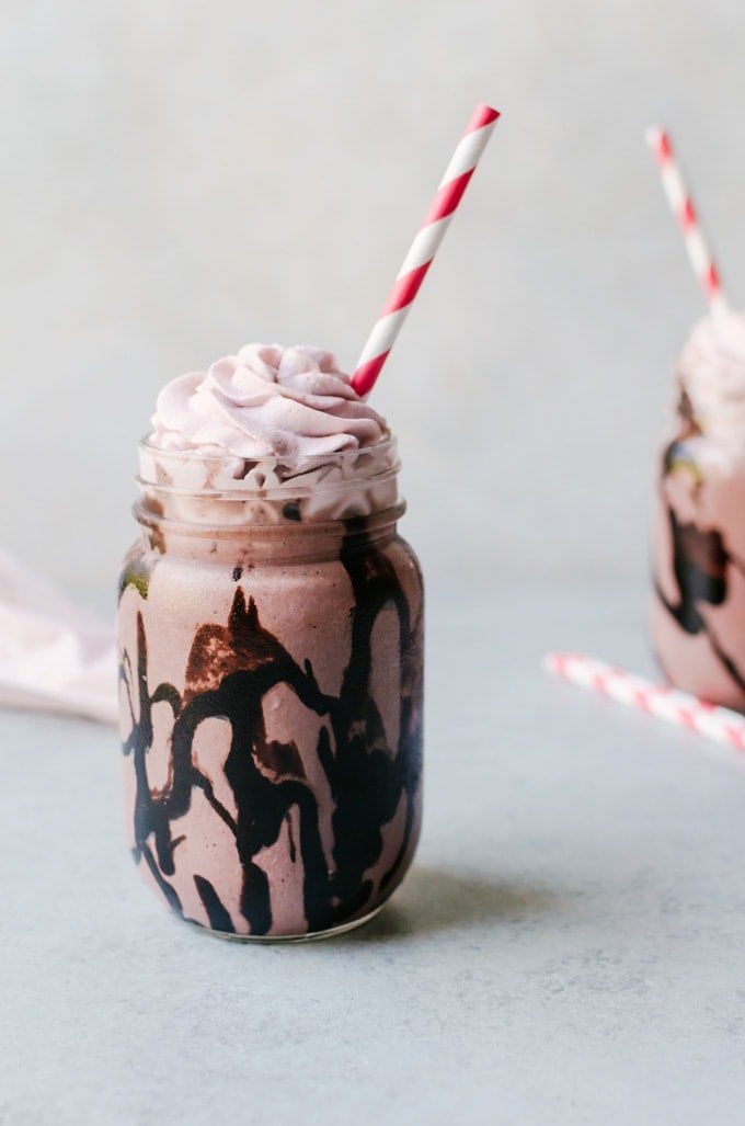 A delicious glass of chocolate cherry milkshake that you will be the center of your dreams all summer