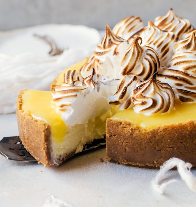 A tangy lemon meringue cheesecake with miles of billowy meringue.