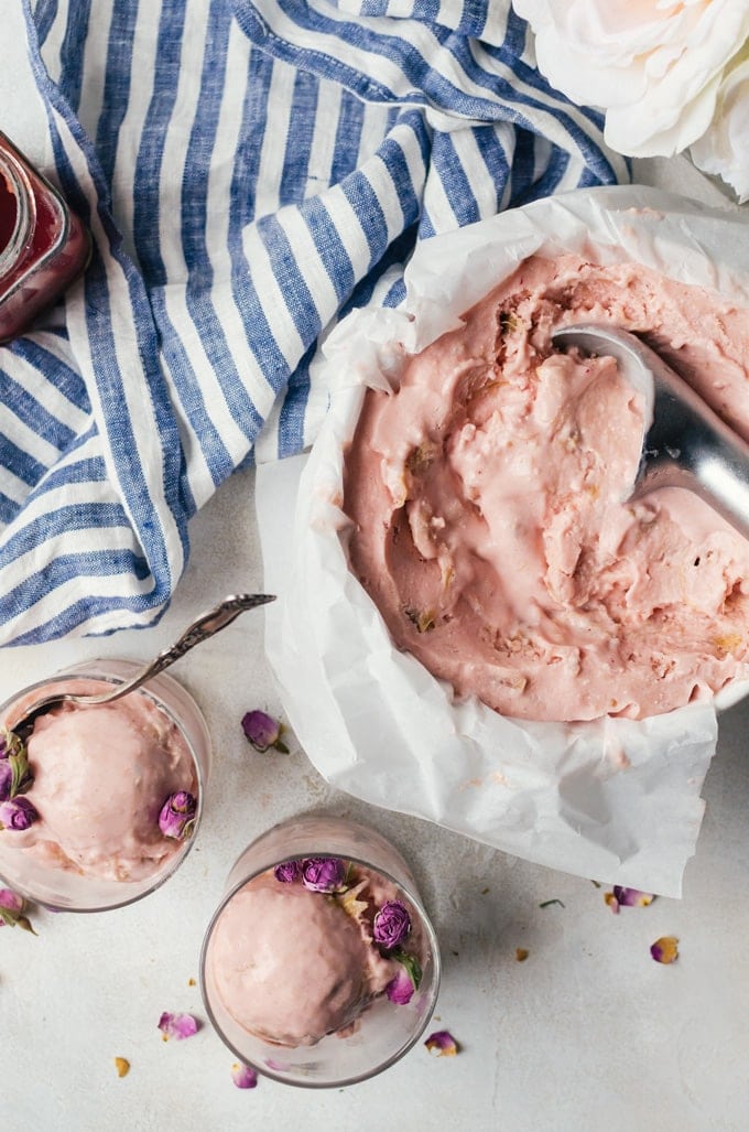 A sweet and decadent rhubarb crumble ice cream