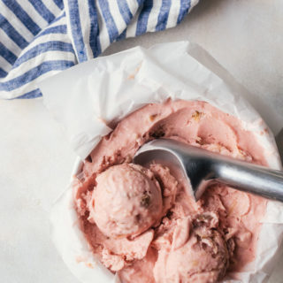 Creamy rhubarb crumble ice cream with creme fraiche for a seriously luscious dessert