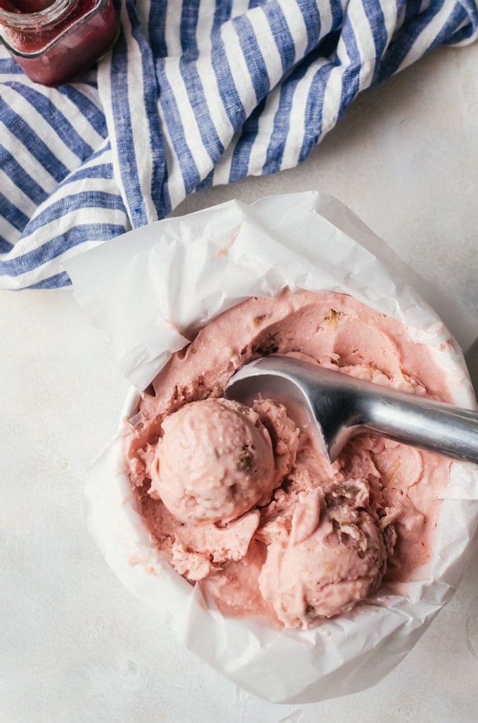 Creamy rhubarb crumble ice cream with creme fraiche for a seriously luscious dessert