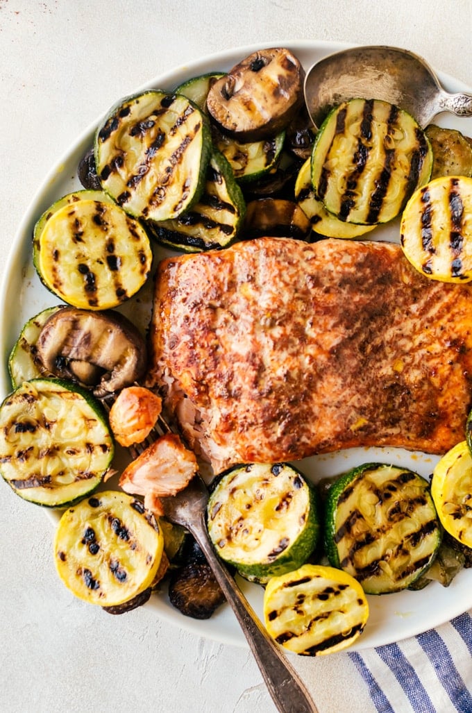 There is nothing better than cedar grilled barbecue salmon and veggies to end a hot summer day