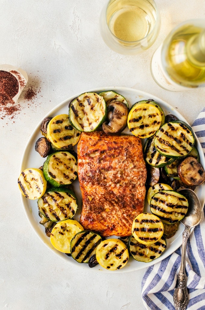 It isn't summer without a cedar plank grilled barbecue salmon with loads of grilled veggies