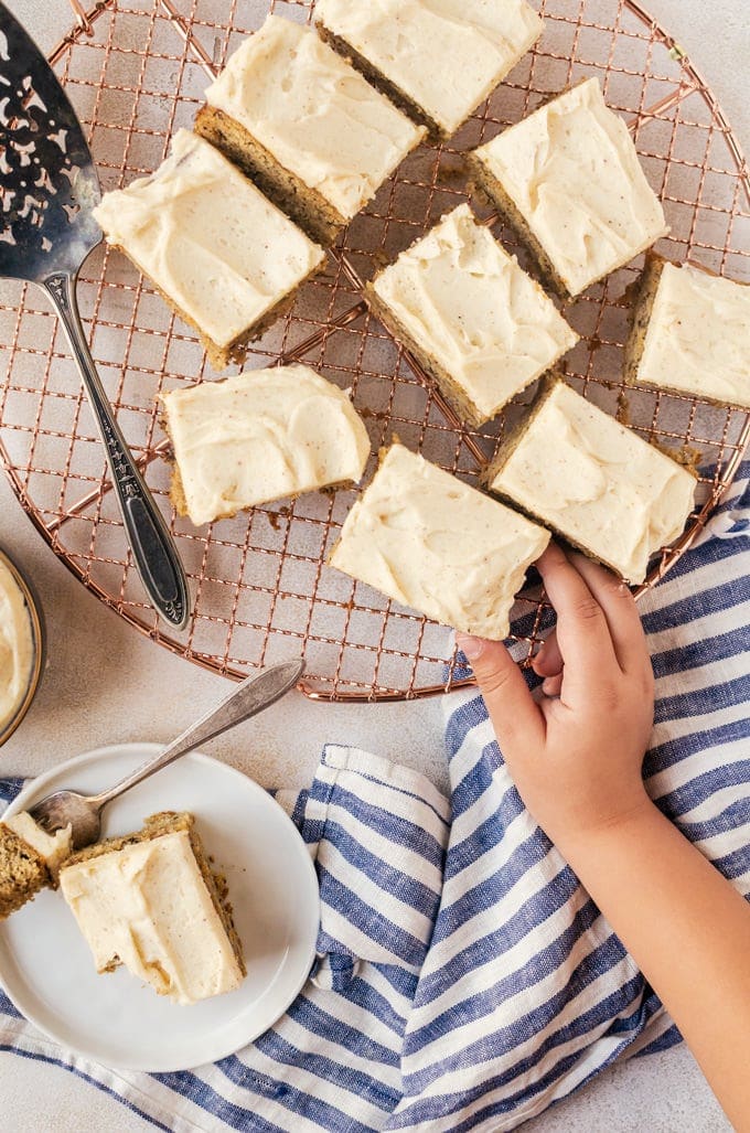 slices of brown butter banana cake on wire rack