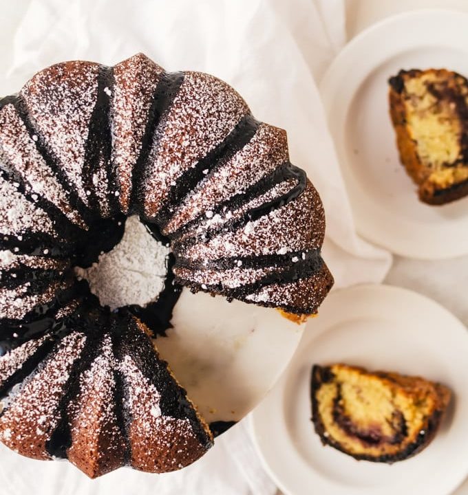 Everyone will fall in love with this raspberry chocolate coffee cake with a surprise jam filling