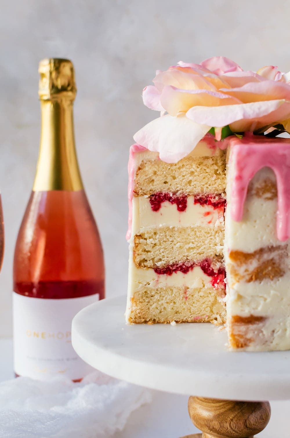 Celebrate every special moment in your life with this raspbery rose cake made with sparkling rose wine