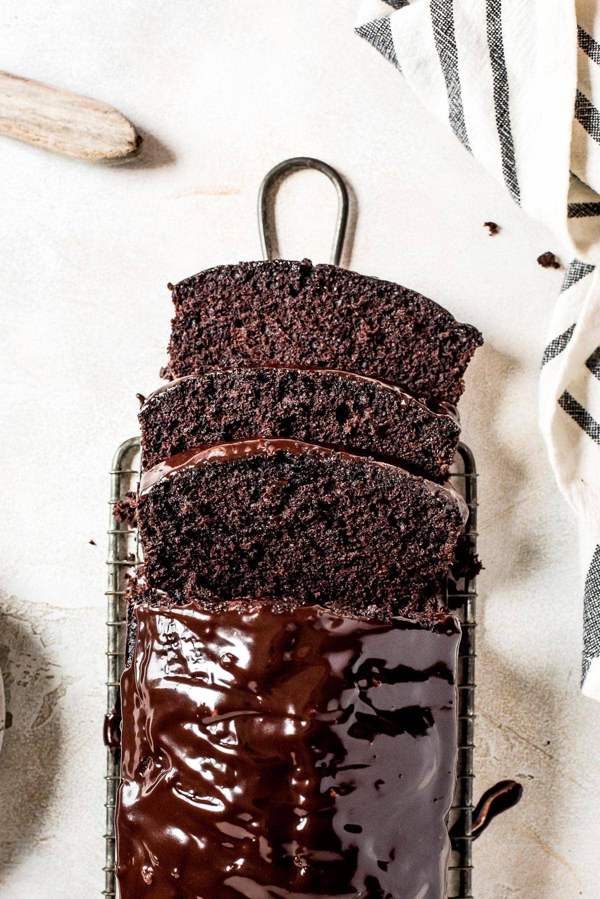 overhead showing off slices of the chocolate cake