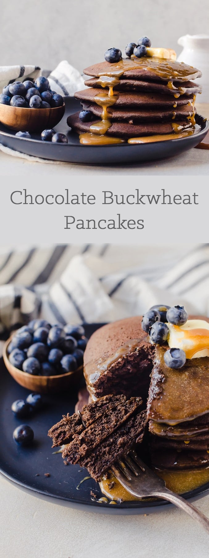 long collage of chocolate buckwheat pancakes
