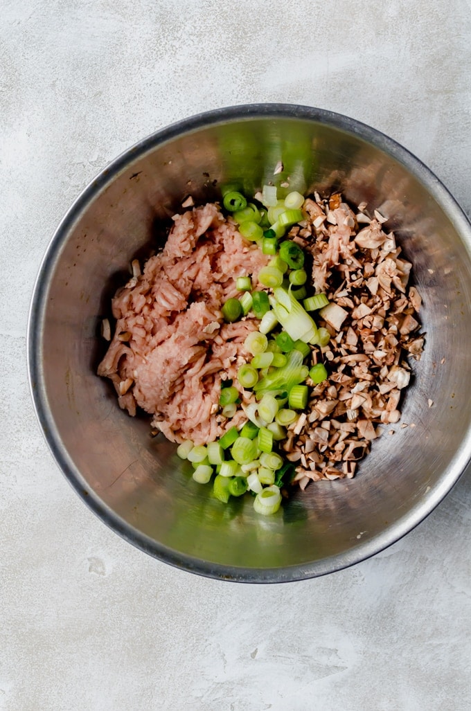 bowl of ground chicken, scallions, and chopped mushrooms