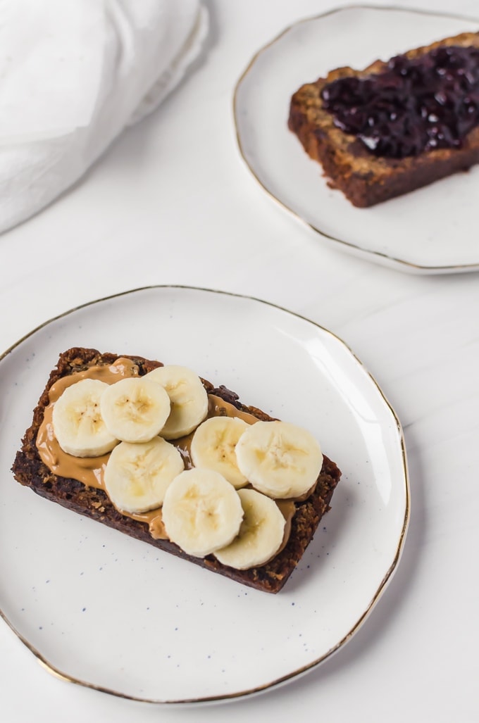 Slices of brown butter banana bread with toppings
