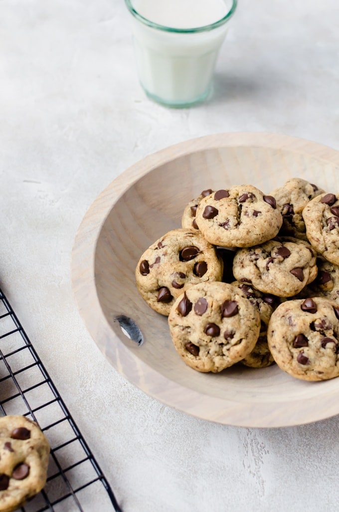 A bowl filled with coffee chocolate chip cookies