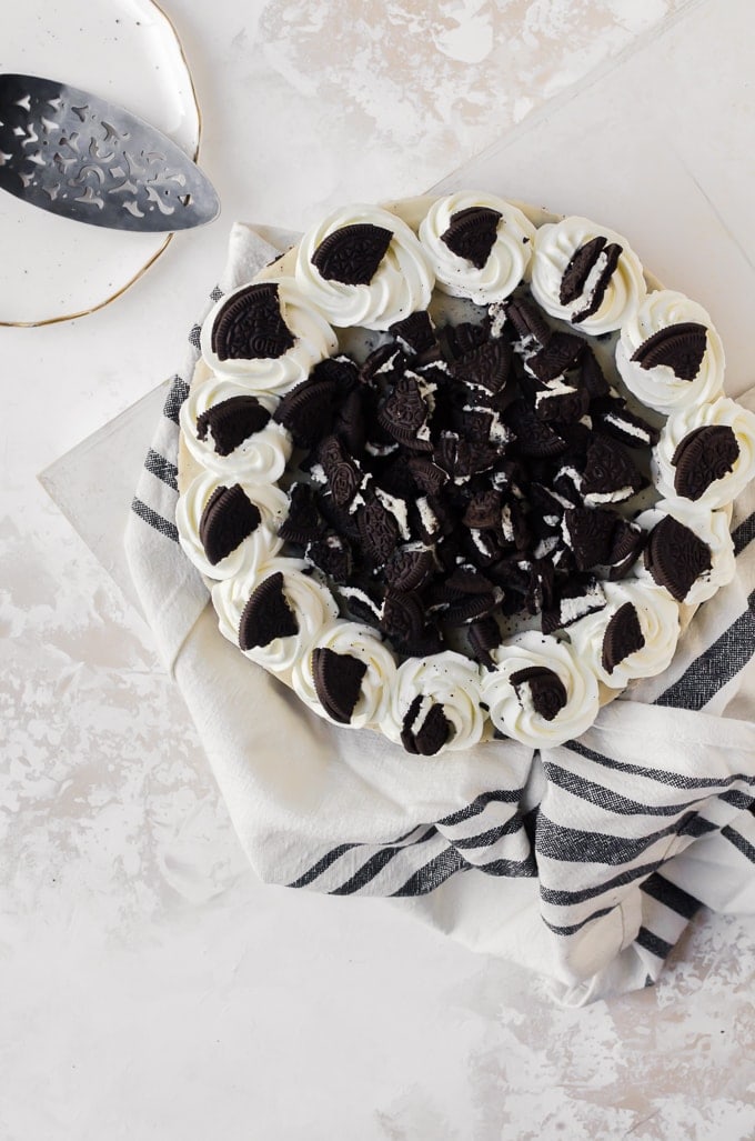 An overhead shot of a no-bake oreo cheesecake