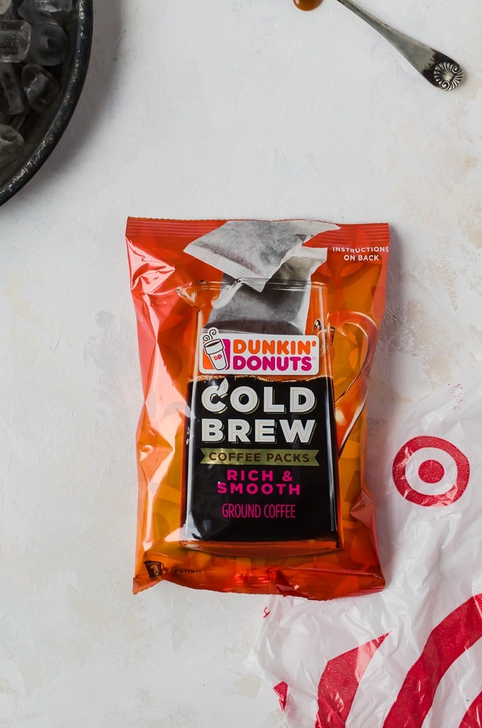 overhead shot cold bew packet dunkin donuts