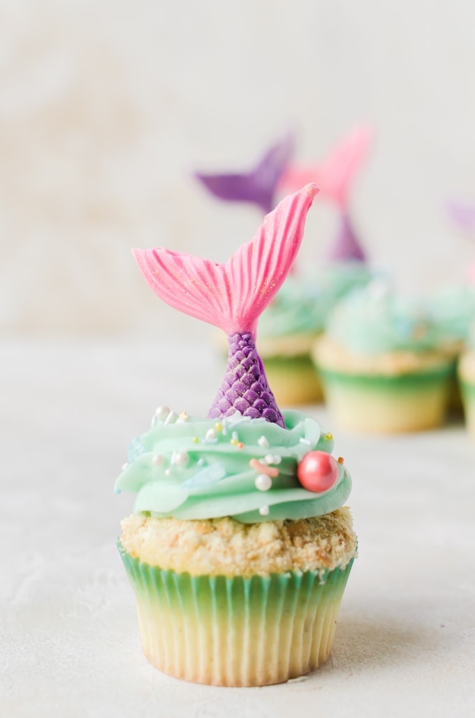 close up mermaid cupcakes with tails