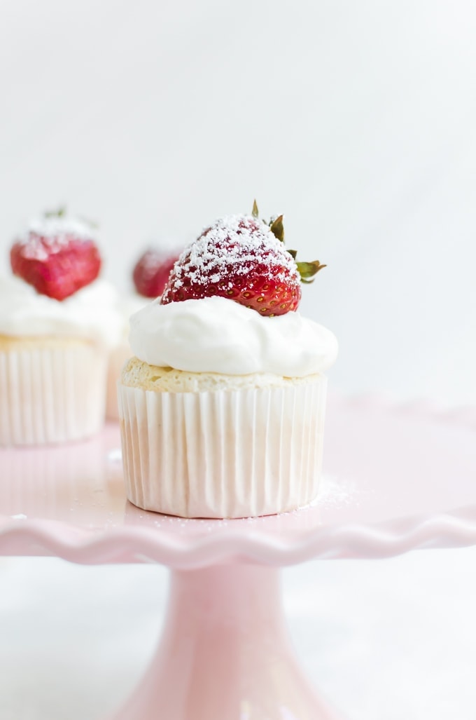 angel food cupcakes on cake stand