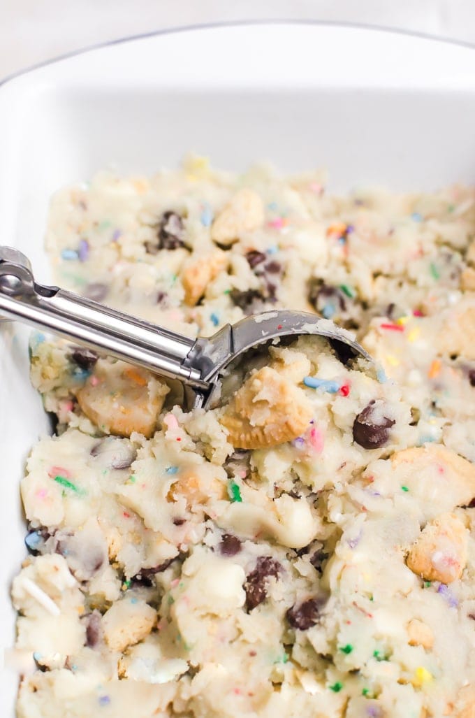 edlible cake batter cookie dough being scooped