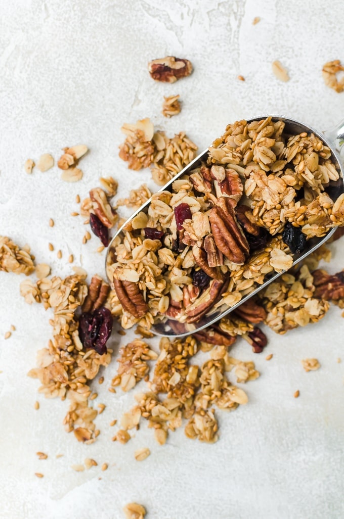 maple pegan granola overhead close