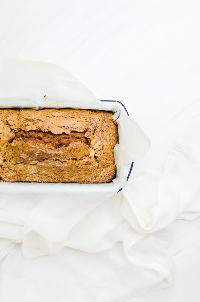 Overhead honey pumpkin bread in pan