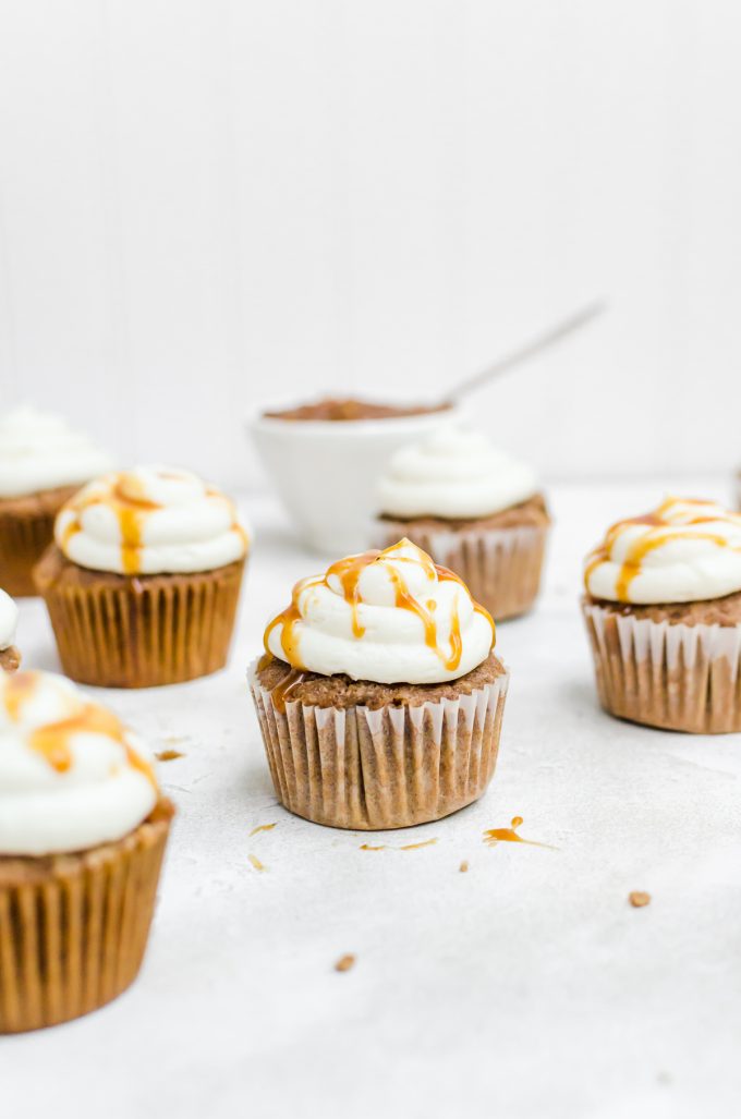 Scattered caramel apple cupcakes