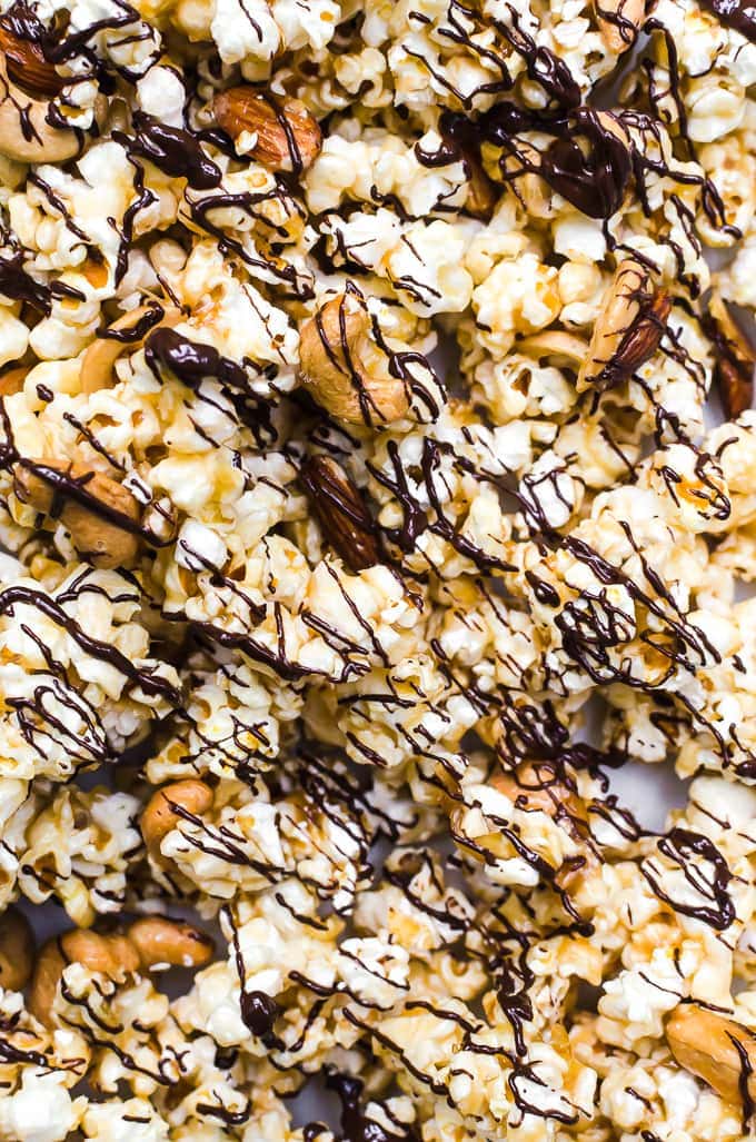 close up of moose munch recipe with drizzled chocolate