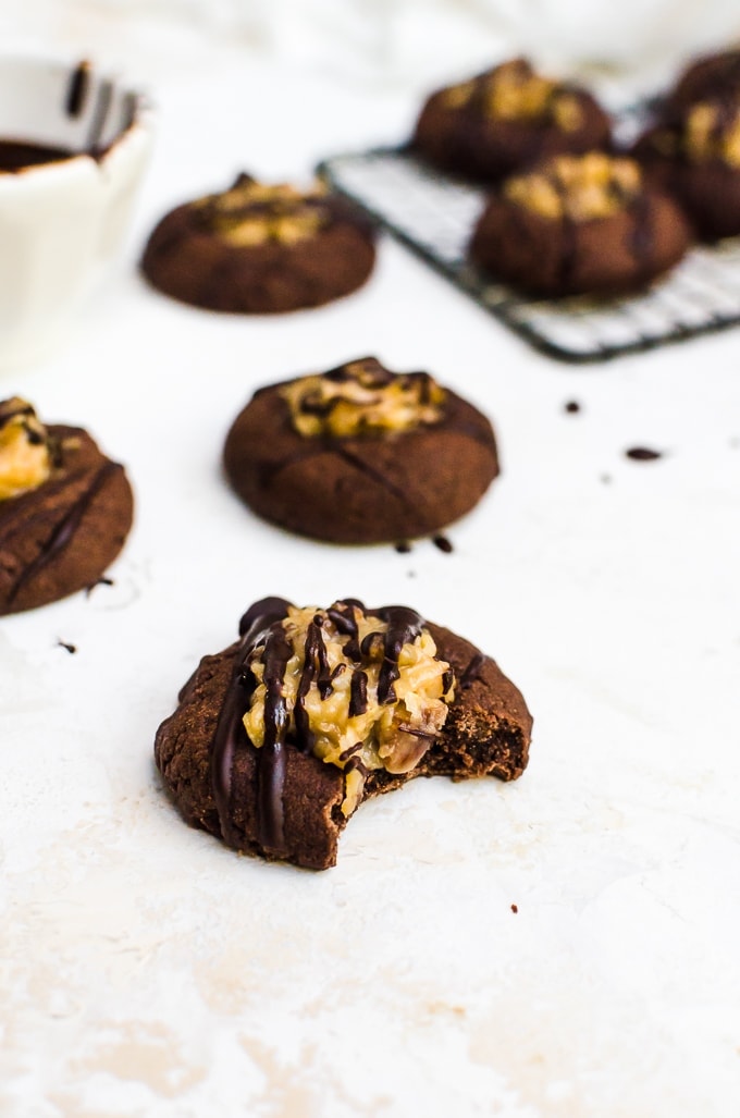 close up german chocolate cookie with bite