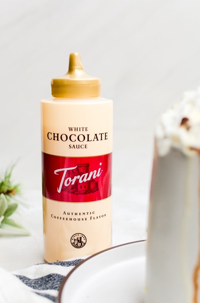 close up bottle of white chocolate torani