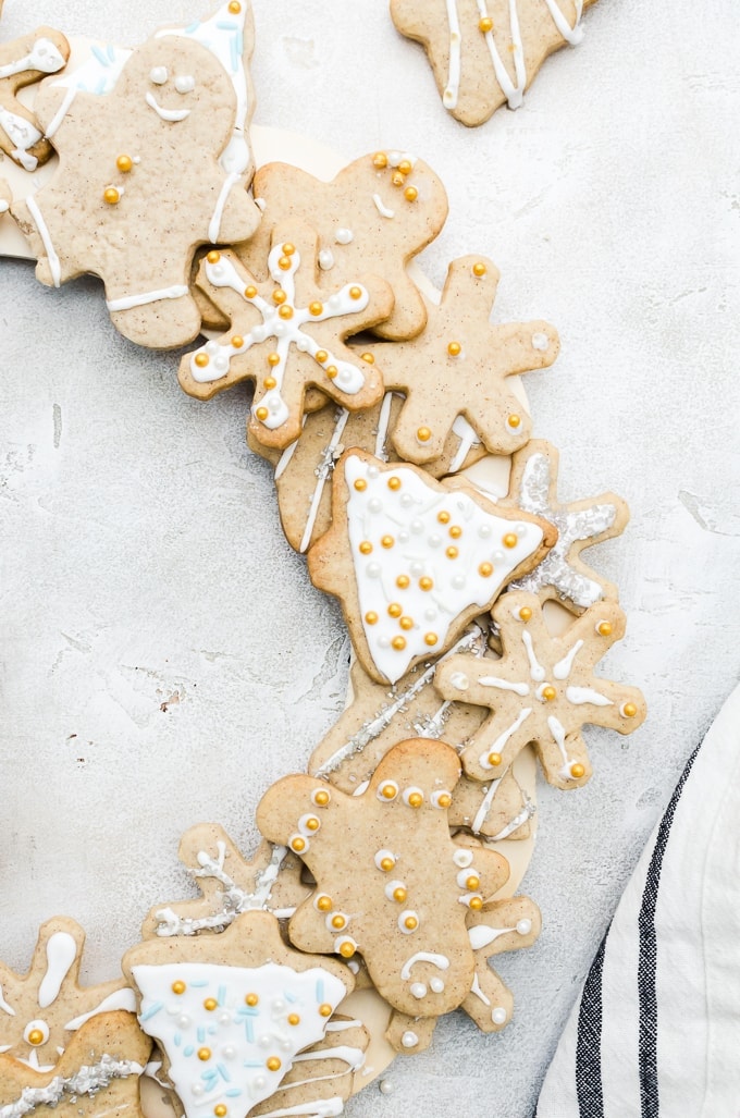 Flat Lay With Christmas Cookies On Baking Pan Christmas Wreath And