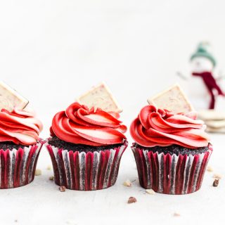 chocolate peppermint cupcakes in a row