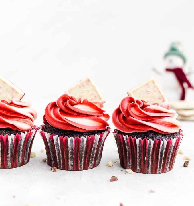 chocolate peppermint cupcakes in a row