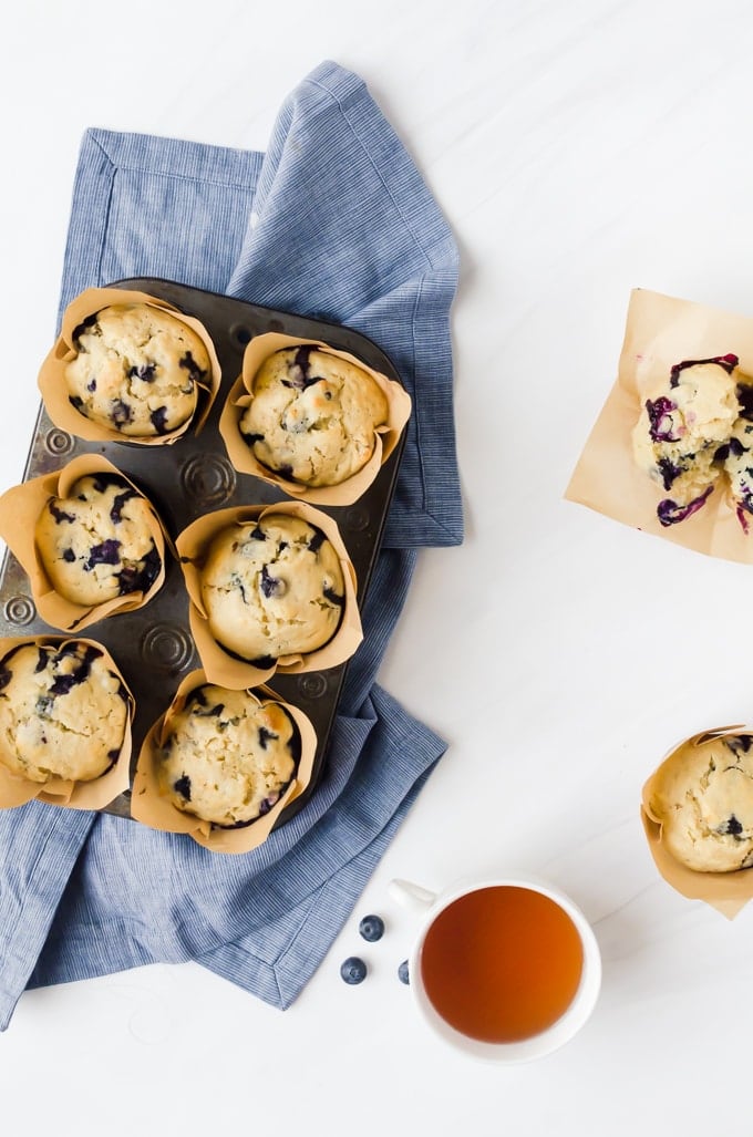overhead blueberry doughnut muffin in pan