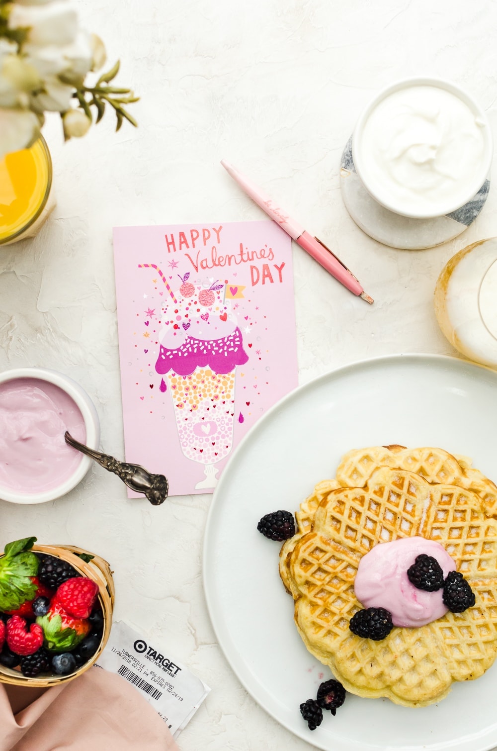 Galentine's Day Waffles and card overhead