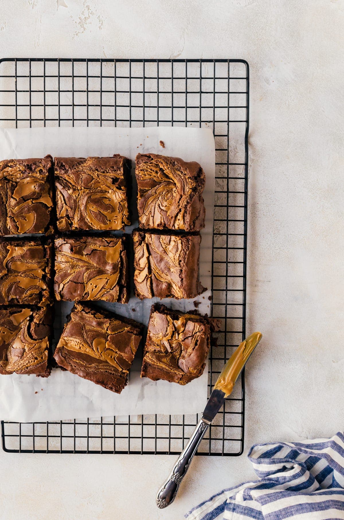 peanut butter brownies overhead on wire rack