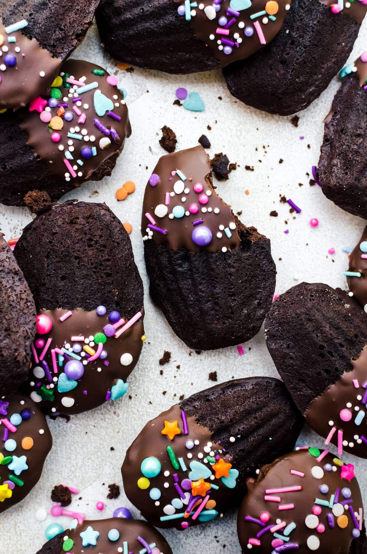 close up scattered chocolate madeleines