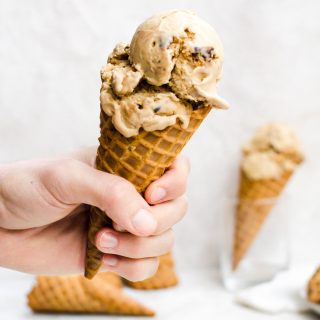 chocolate chip cookie coffee ice cream in a cone
