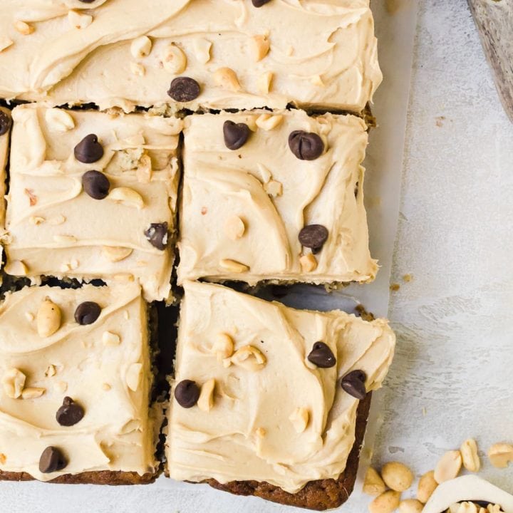 sliced banana sheet cake with peanut butter frosting