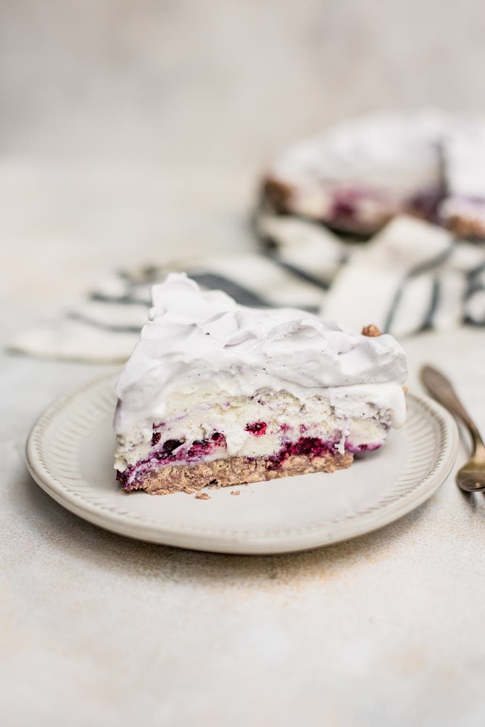 slice of blueberry ice cream pie on white plate