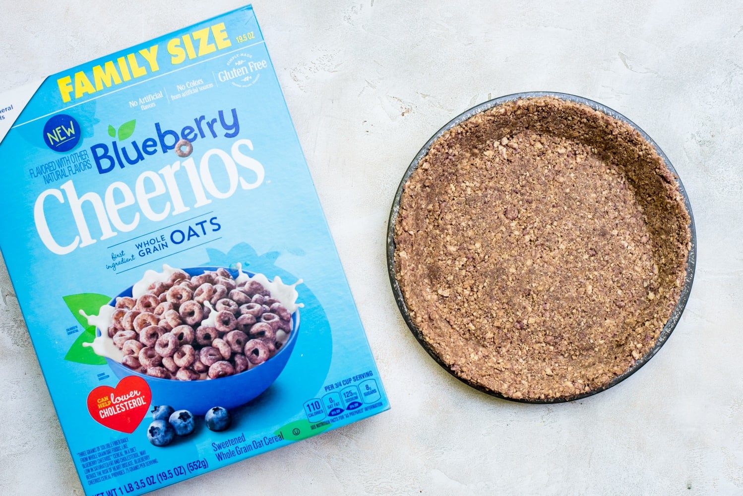 blueberry ice cream pie prep: Cereal crumbed pressed into pie tin