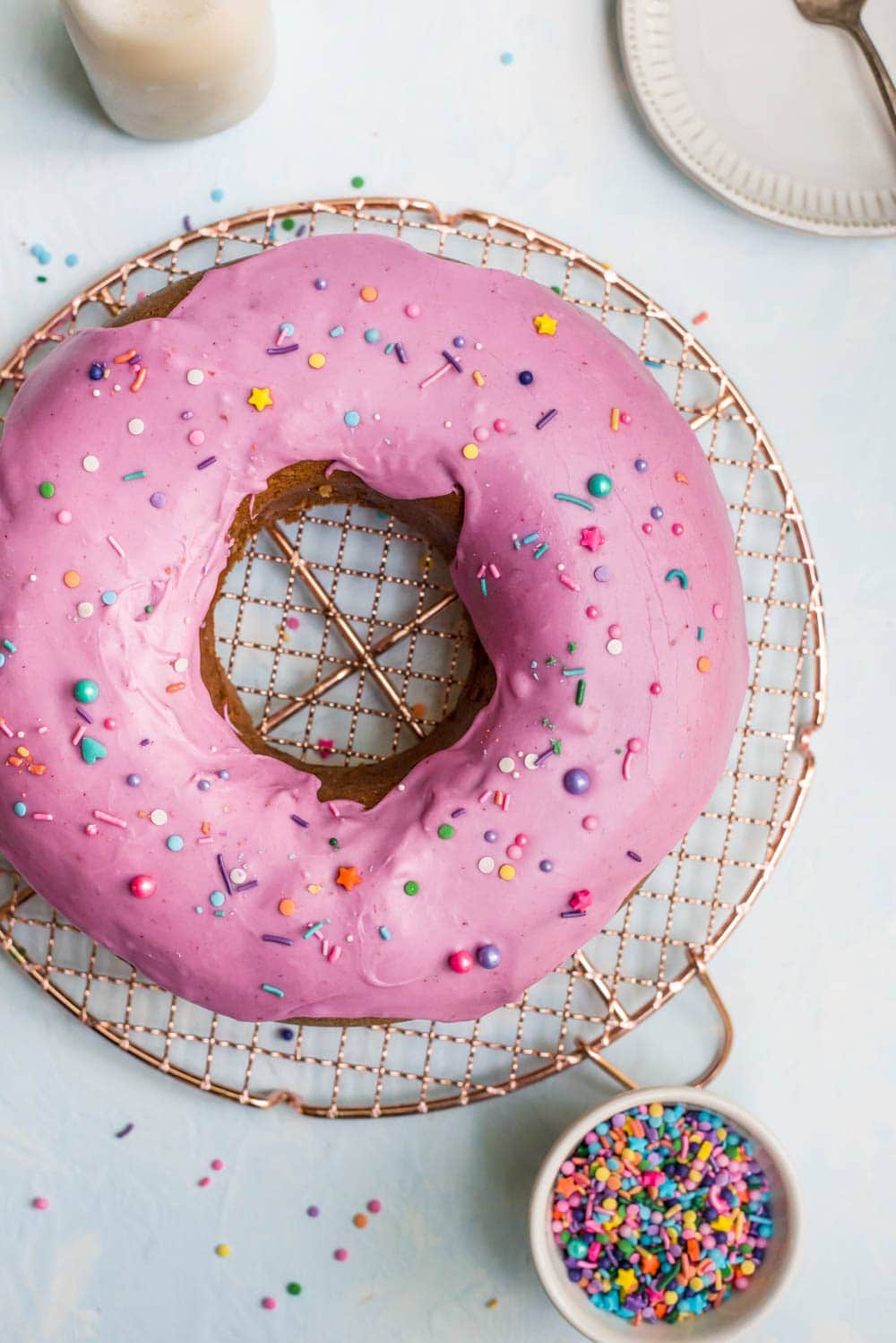 donut cake whole overhead on wire rack