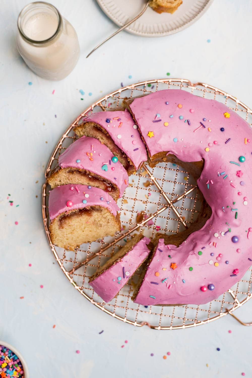 cake sliced for serving with extra sprinkles