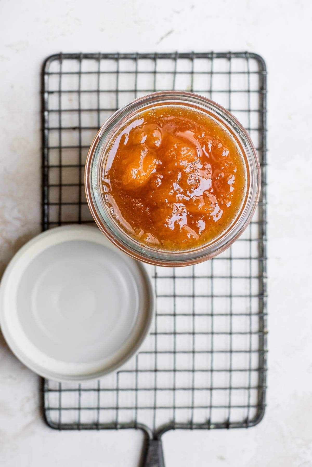 overhead peach jam in jar