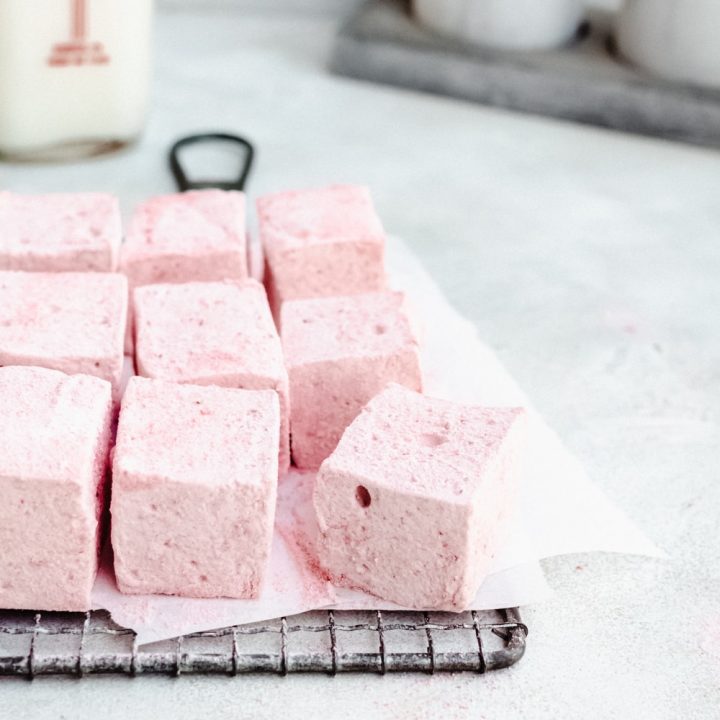 strawberry marshmallows cut and on wire rack