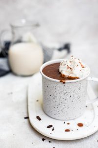 finished hot chocolate in mug with whipped cream