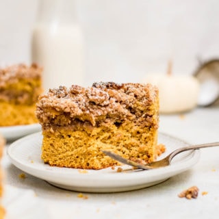 pumpkin coffee cake with piece of cake missing