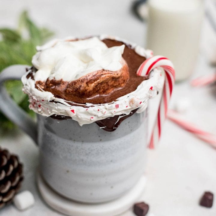 hot chocolate topped with whipped cream and mini candy cane