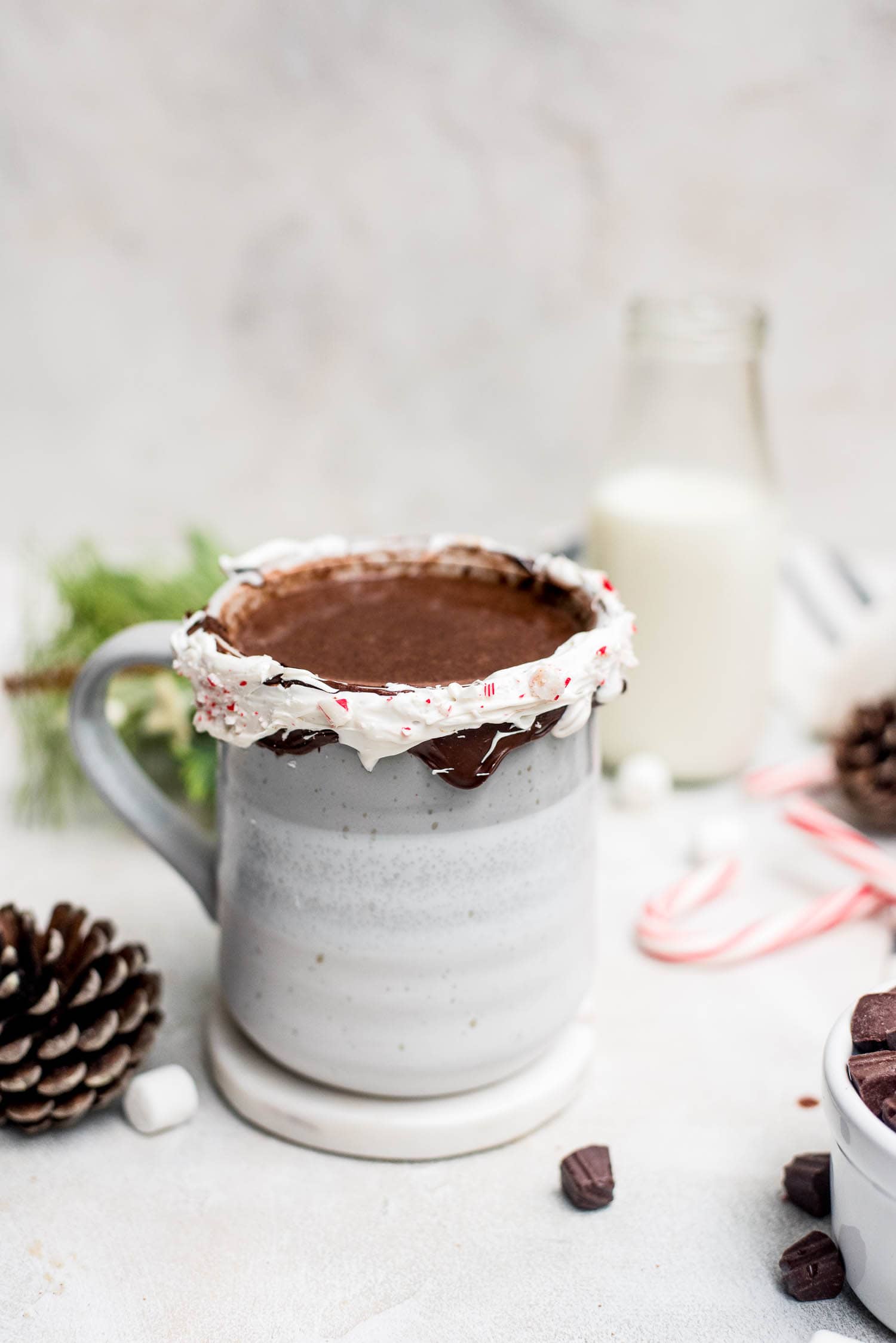 peppermint hot chocolate in a mug with peppermint sticks