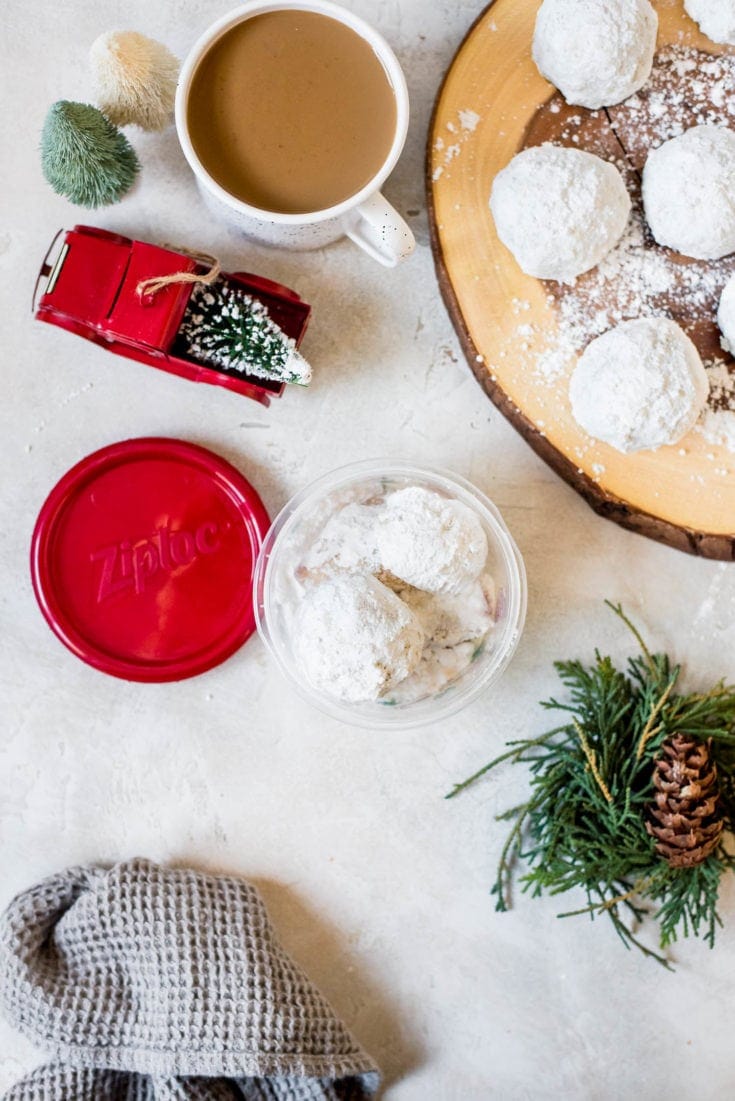 snowball cookies in container