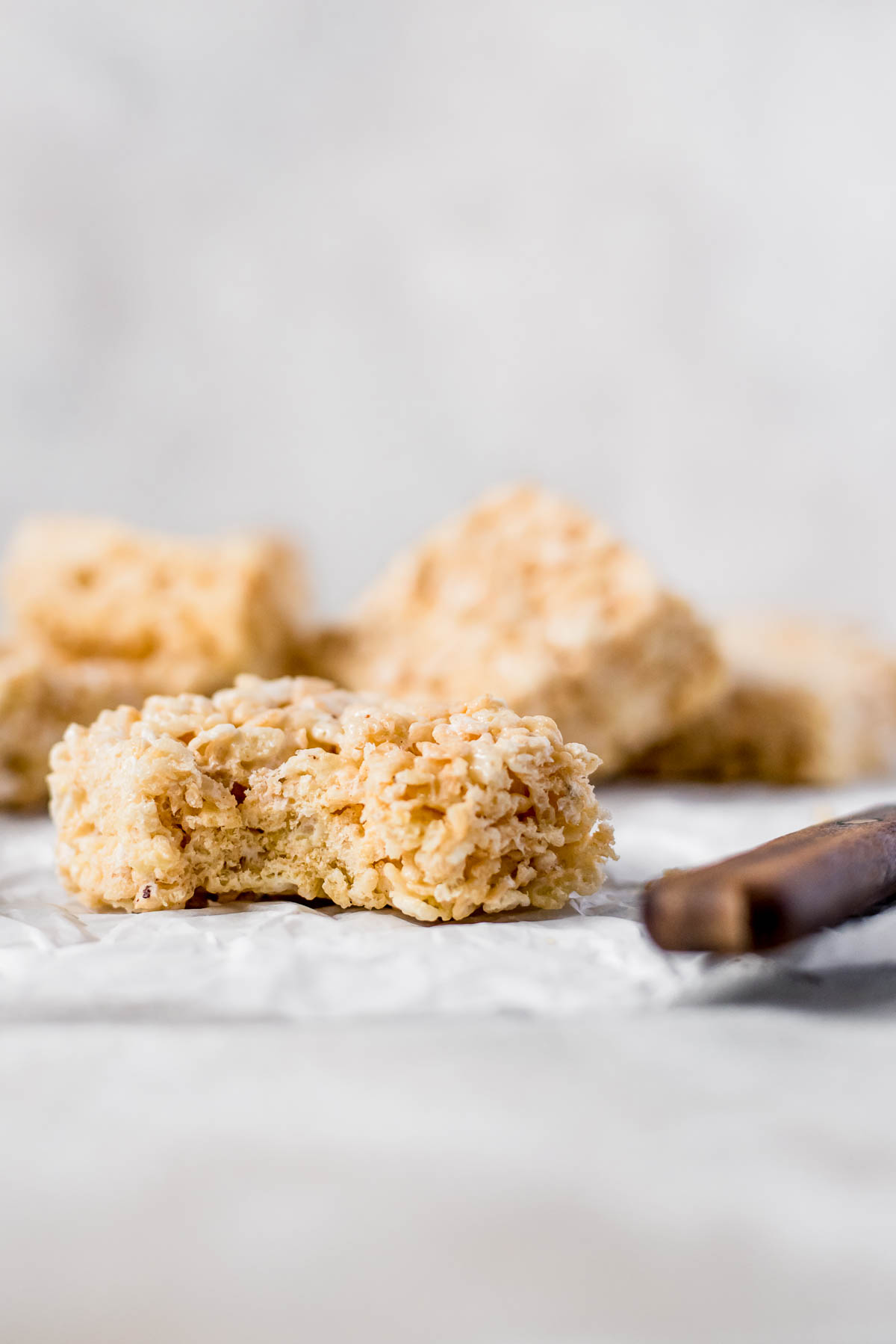 close up of bitten rice krispie treat