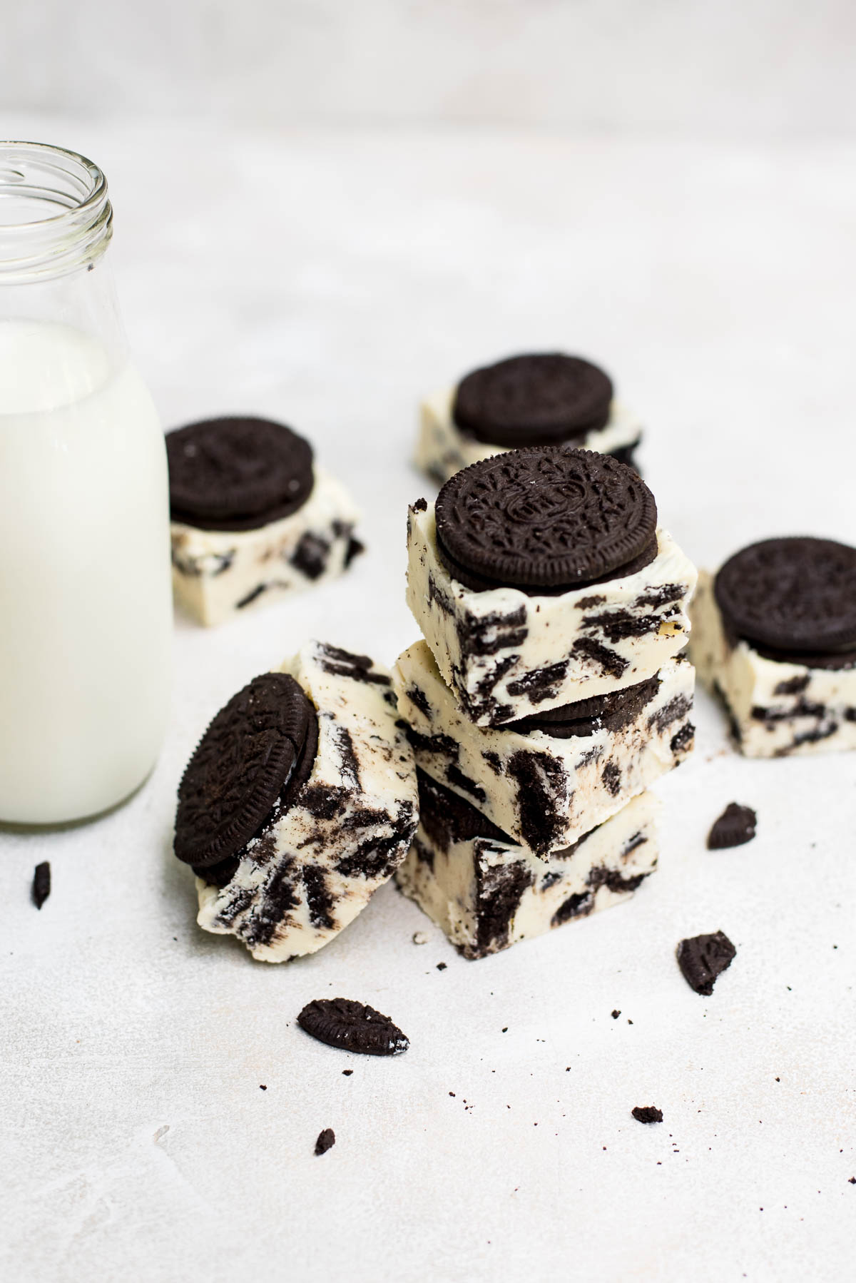 cookies and cream fudge stacked with milk