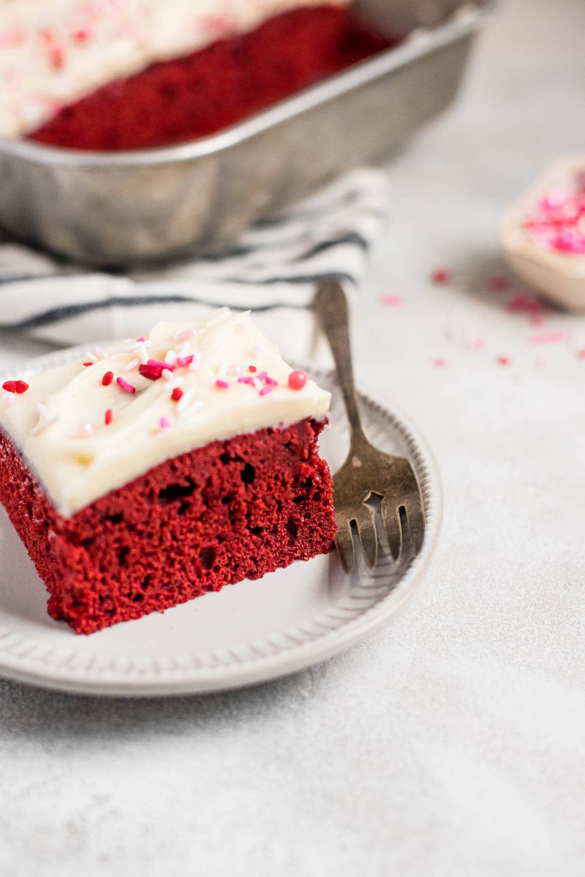 red velvet sheet cake on plate