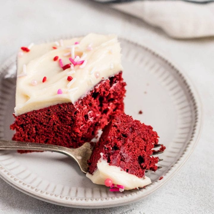 forkful of red velvet sheet cake
